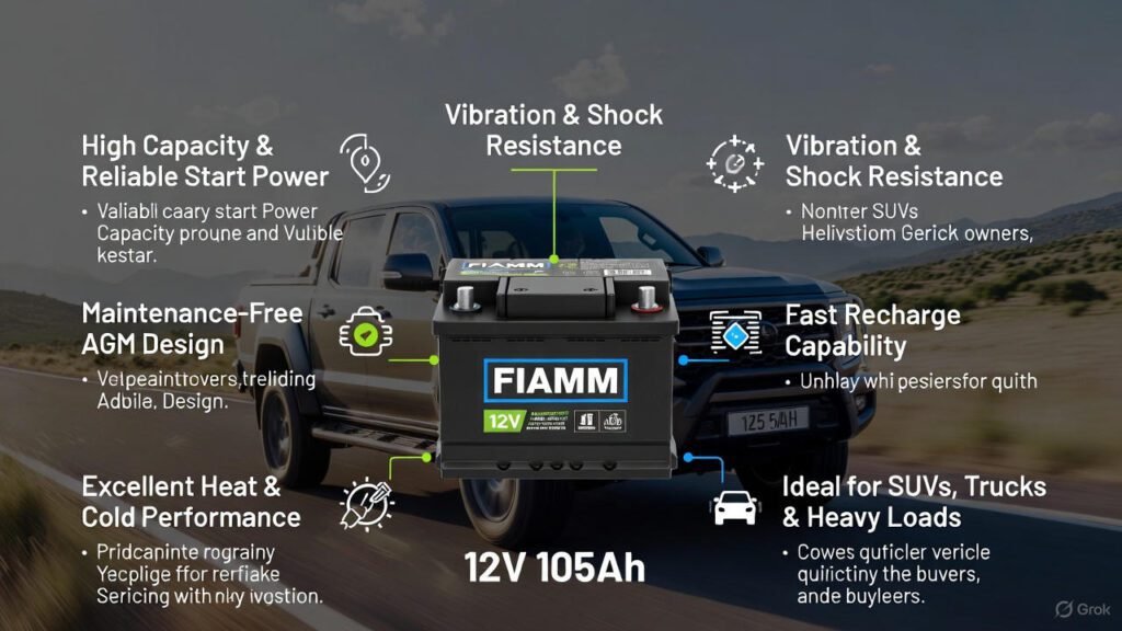 Visual guide highlighting the key benefits of using a FIAMM 12V 105Ah automotive battery.