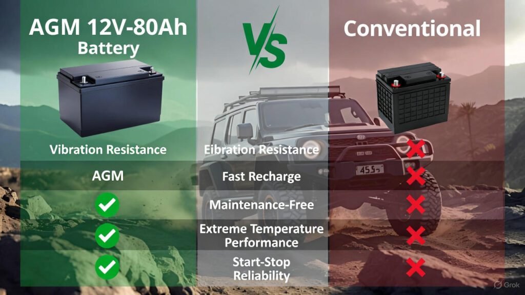AGM 12V-80Ah vs Conventional Batteries โ Off-Road Focus Visual Guide Visual comparison of AGM 12V-80Ah vs conventional batteries highlighting advantages for off-road vehicles.