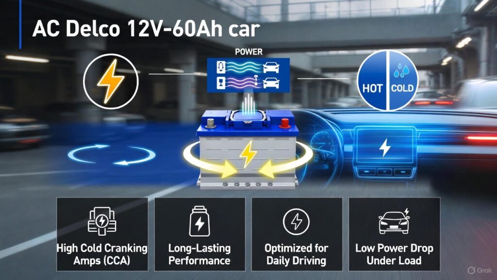 Performance Benefits of AC Delco 12V-60Ah Car Battery – High Power, Long Life & Smooth Performance 2026 AC Delco 12V-60Ah car battery highlighting performance benefits such as high cold cranking amps, fast recharge, stable voltage, and long-lasting power in modern vehicles
