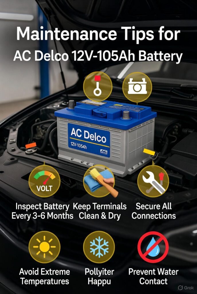 Maintenance Tips for AC Delco 12V-105Ah Battery – Maximize Lifespan & Performance in 2026 AC Delco 12V-105Ah car battery showing maintenance tips such as cleaning terminals, checking voltage, securing clamps, and protecting from extreme heat or moisture