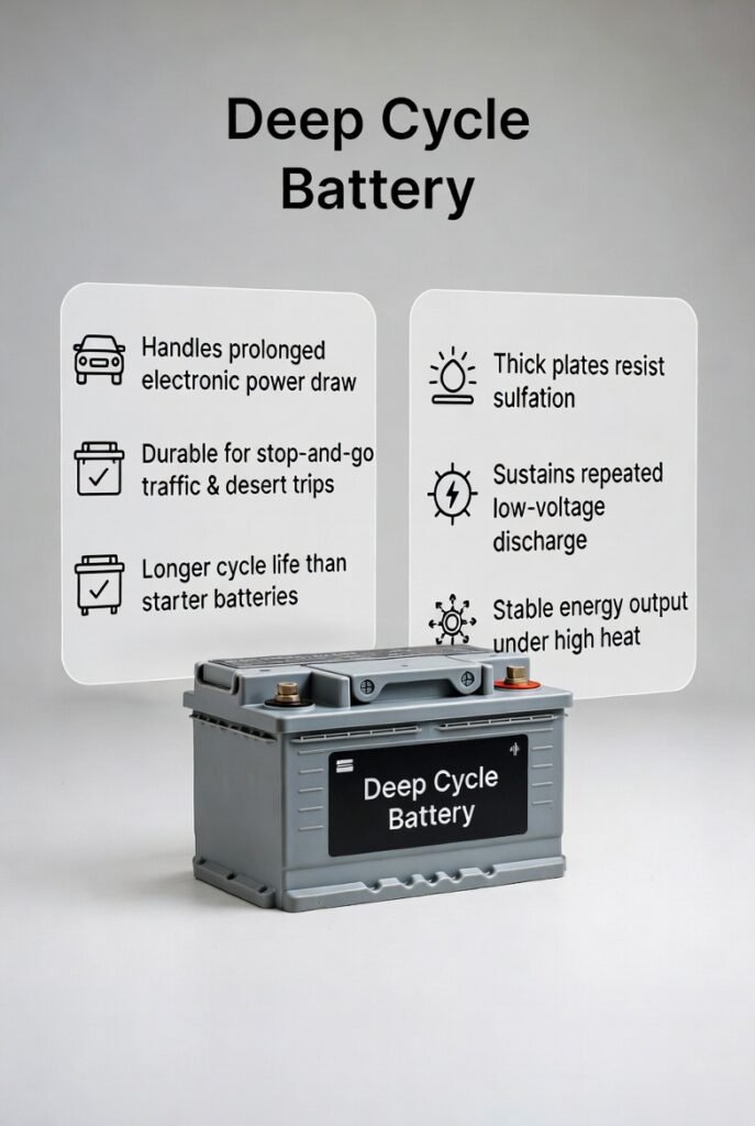 The Deep Cycle Battery is engineered to deliver consistent power through frequent and deep discharge-recharge cycles, unlike standard starter batteries that provide short bursts of energy. In Dubai, deep cycle batteries are widely used in vehicles with auxiliary power systems, camping and overlanding setups, and electronics-heavy applications.