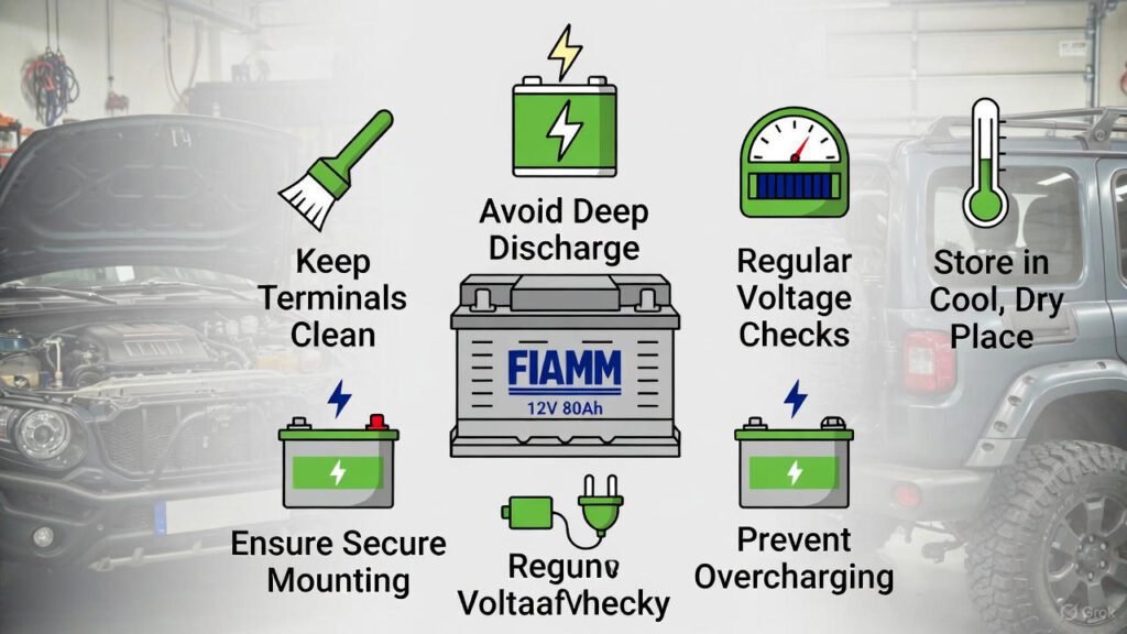 Visual guide showing essential maintenance tips for FIAMM 12V 80Ah battery with icons and labels.