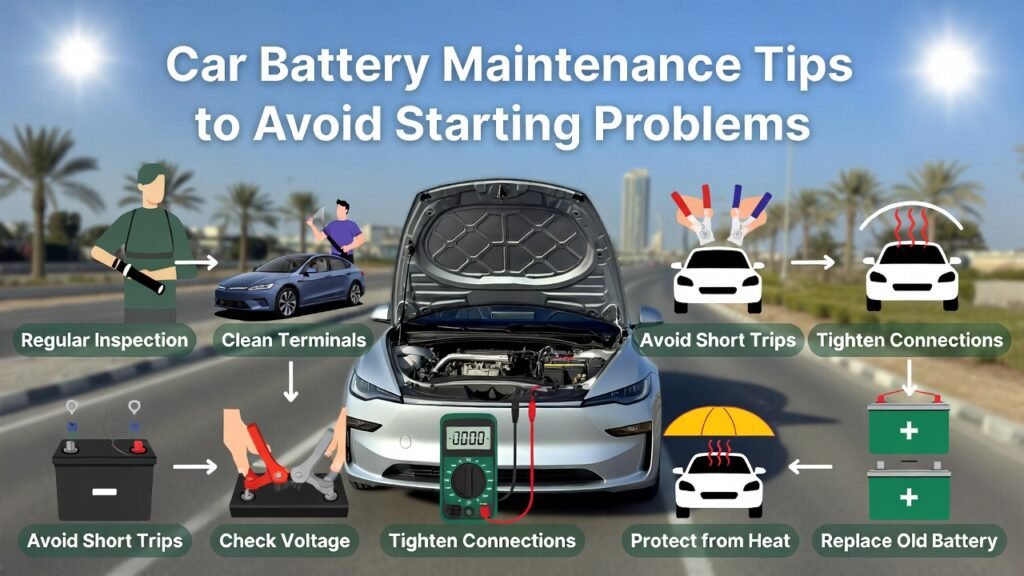 Infographic showing car battery maintenance tips to prevent starting problems, including inspecting, cleaning terminals, checking voltage, tightening connections, avoiding short trips, heat protection, and battery replacement.