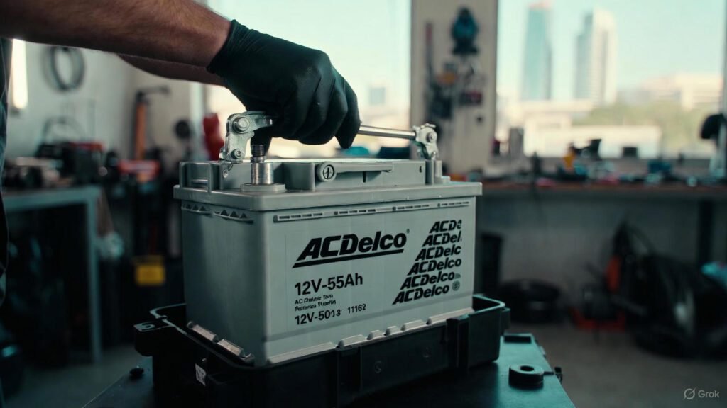 A hyper-realistic commercial photo of an AC Delco 12V-55Ah car battery being installed in a modern Dubai auto workshop, mechanic’s hands tightening terminals, Dubai skyline faintly visible through garage window, heat-resistant automotive environment, battery branding in clear view, cinematic lighting, depth of field, 4K, 16:9, editorial automotive photography, ultra crisp, professional, consumer-facing product image