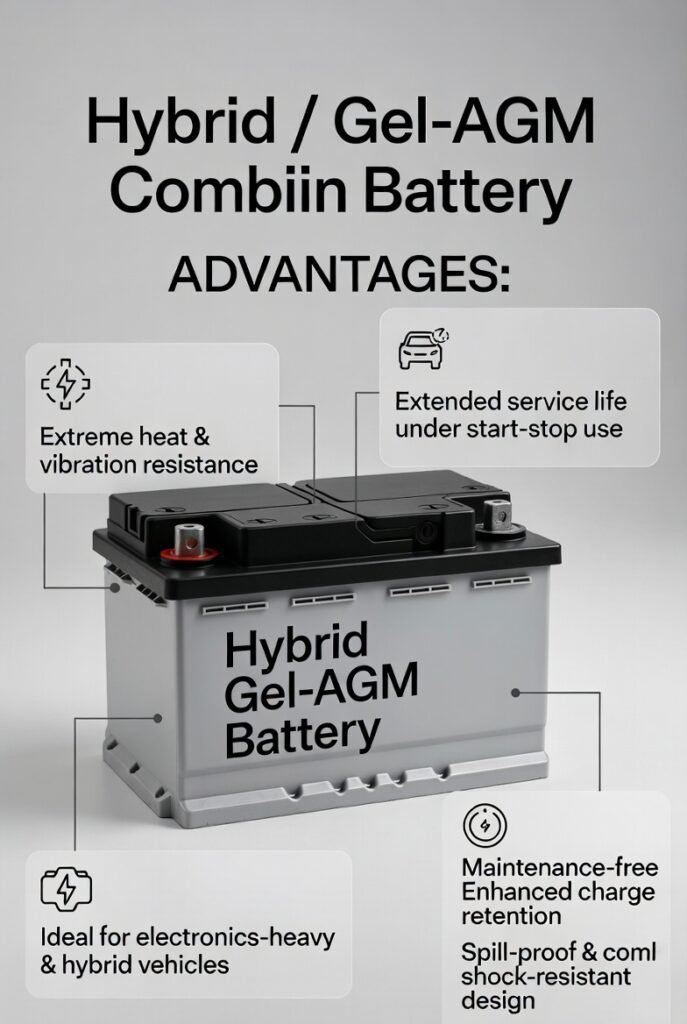 The Hybrid Gel-AGM Combination Battery merges the strengths of both AGM and Gel technologies to deliver superior durability, safety, and thermal stability. This hybrid design provides spill-proof construction, excellent vibration resistance, and strong electrical performance under demanding conditions.

In Dubai’s extreme climate, where vehicles experience high temperatures, continuous start-stop driving, and heavy accessory usage, Hybrid Gel-AGM batteries offer reliable long-term performance for electronics-heavy and hybrid vehicles.