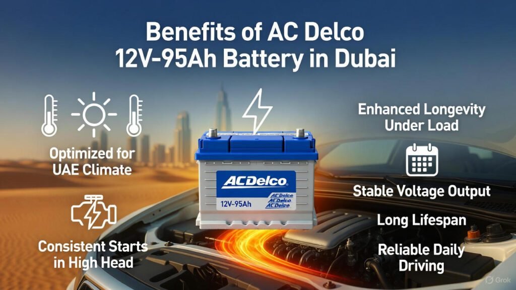 AC Delco 12V‑95Ah car battery highlighting benefits for Dubai such as strong starting power, long lifespan, heat resistance, and stable voltage output in extreme weather