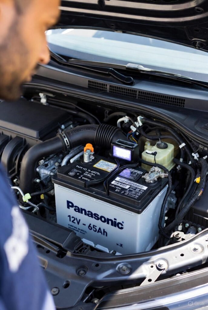 Panasonic 12V – 65Ah battery installed in car engine bay
