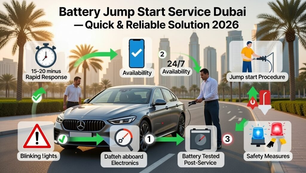 Infographic showing quick and reliable battery jump start service in Dubai 2026, including rapid response, 24/7 availability, safe jump start, post-service battery testing, and safety measures.