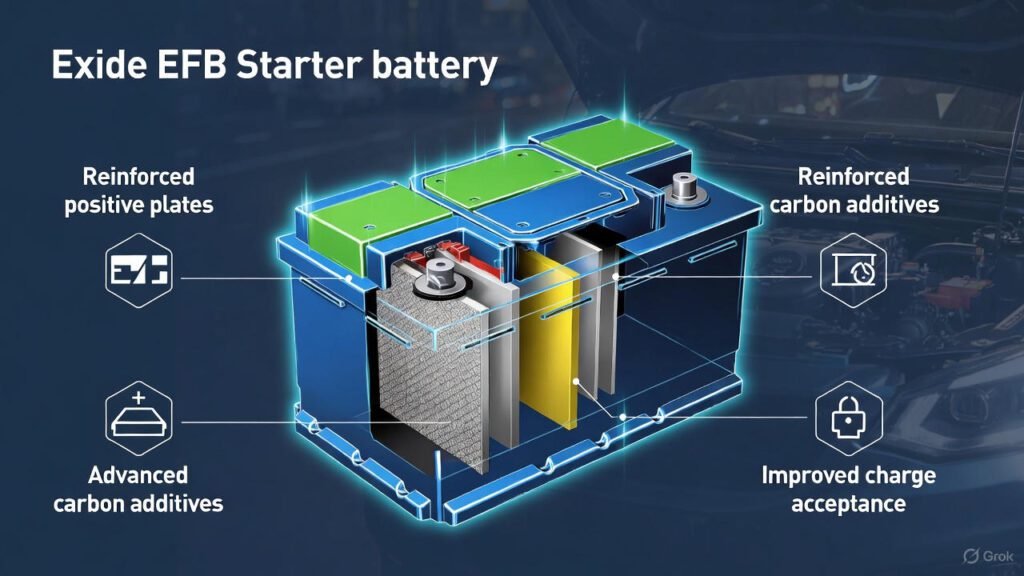Visual guide showing key technology features inside Exide EFB starter batteries.