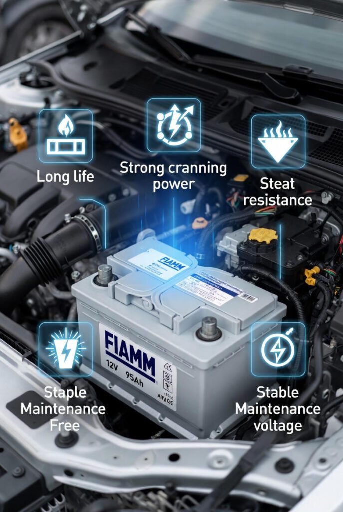 FIAMM 12V 95Ah battery showcasing benefits like long life, strong cranking, and heat resistance