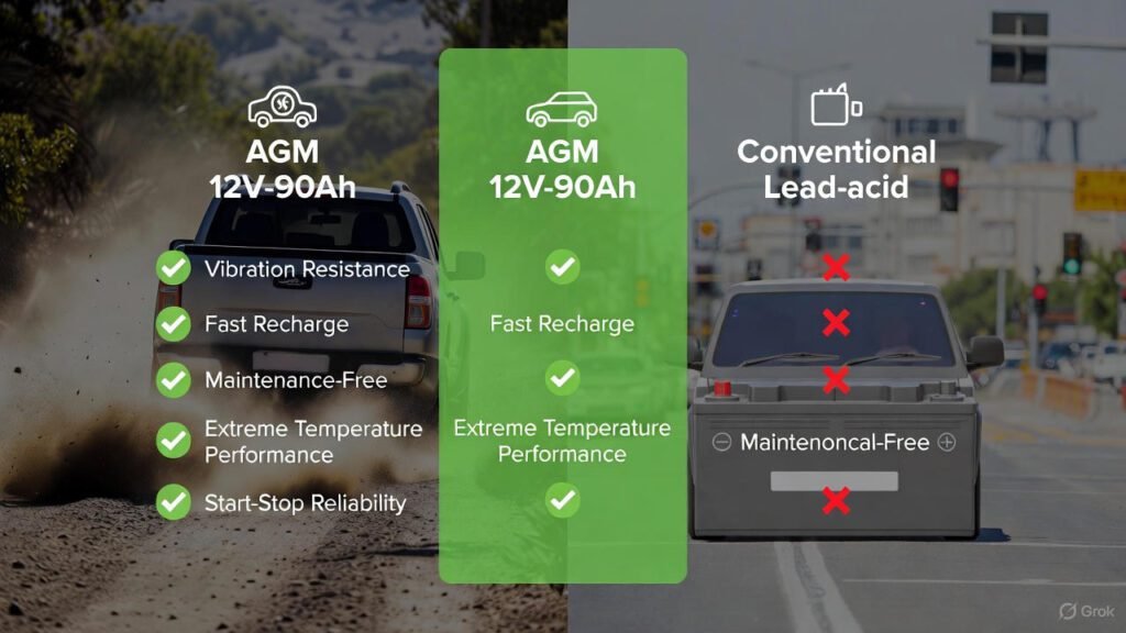 AGM 12V-90Ah vs Conventional Batteries โ Performance & Reliability Comparison Visual comparison showing AGM 12V-90Ah battery versus conventional batteries, highlighting performance and durability advantages.