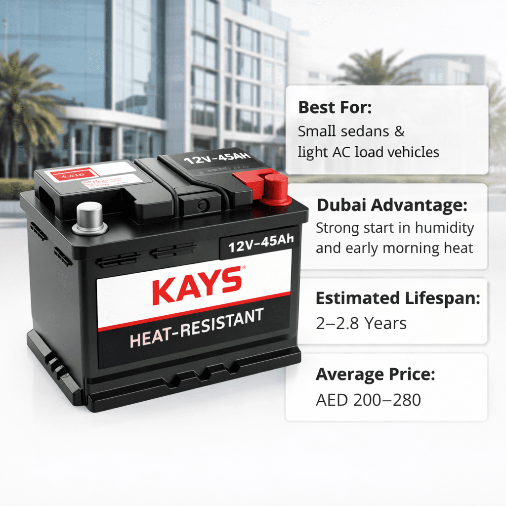 KAYS 12V-45Ah heat-resistant car battery displayed on a clean professional background with Dubai office buildings, highlighting strong starting performance in humidity, 2–2.8 year lifespan, and suitability for small sedans and light AC load vehicles.