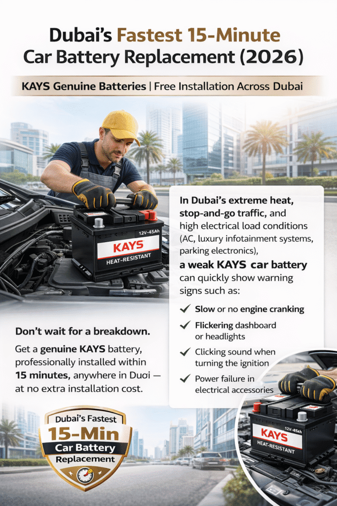 KAYS heat-resistant car battery being installed by a technician in Dubai, showcasing fastest 15-minute car battery replacement with free installation and strong performance in extreme UAE heat.