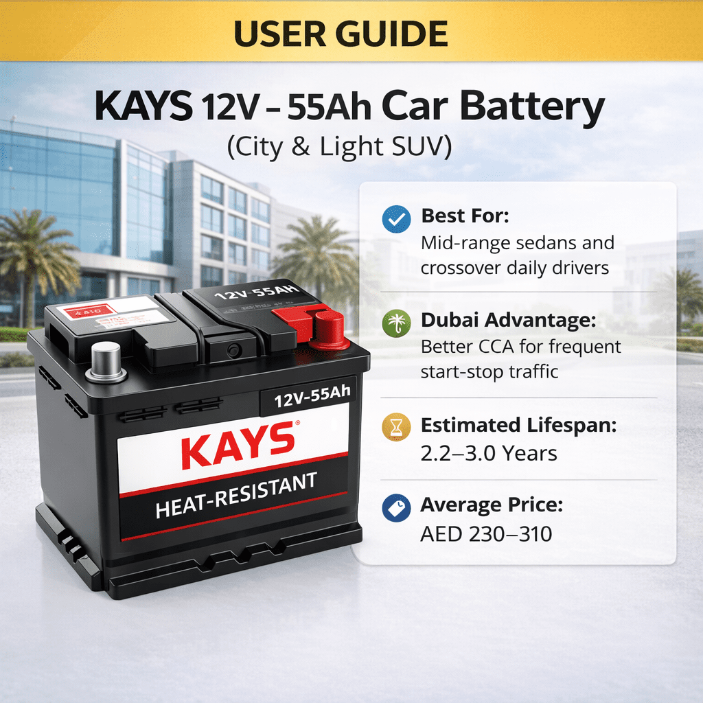 KAYS 12V–55Ah heat-resistant car battery shown with user guide points for city sedans and light SUVs, highlighting Dubai performance, lifespan, and average price.