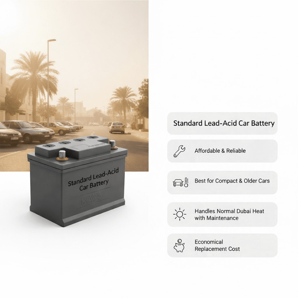 Standard lead-acid car battery displayed in a Dubai city setting with feature highlights showing affordability, reliability, suitability for compact and older cars, and economical replacement cost.