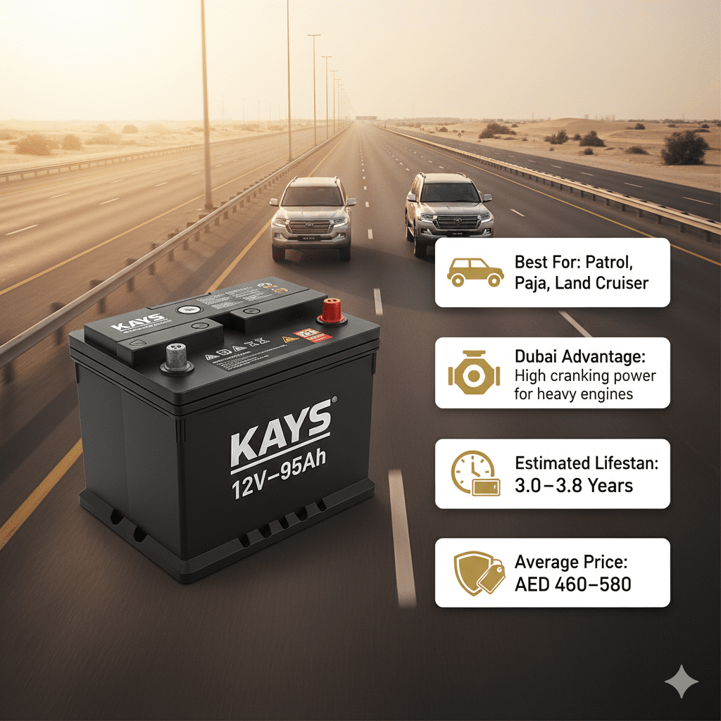 KAYS 12V–95Ah heavy-duty car battery displayed with user guide highlights for full-size SUVs like Patrol, Pajero, and Land Cruiser, emphasizing high cranking power for large engines in Dubai conditions, lifespan, and price range.