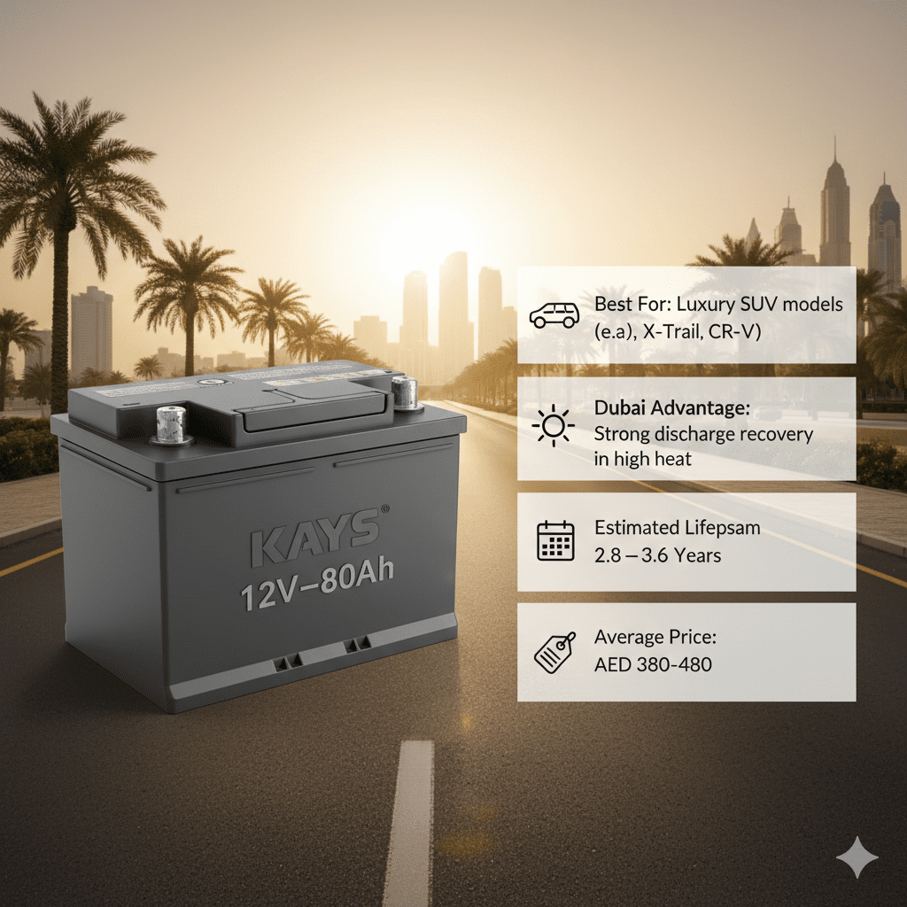 KAYS 12V–80Ah premium SUV car battery displayed with user guide highlights for luxury SUVs like X-Trail and CR-V, focusing on strong discharge recovery in Dubai heat, lifespan, and price range.
