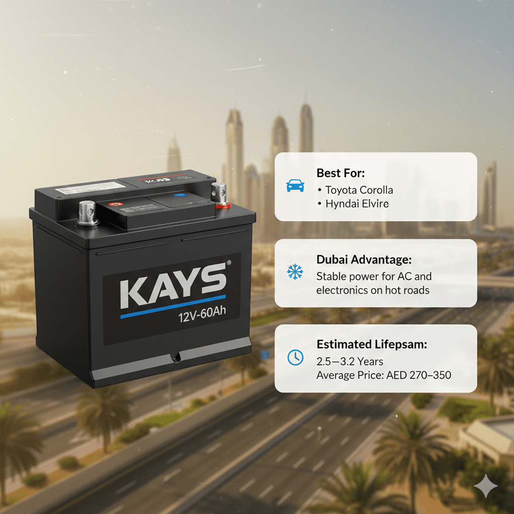 KAYS 12V–60Ah premium car battery displayed with user guide points, suitable for Toyota Corolla, Honda Civic, and Hyundai Elantra, highlighting stable power in Dubai heat, lifespan, and price range.