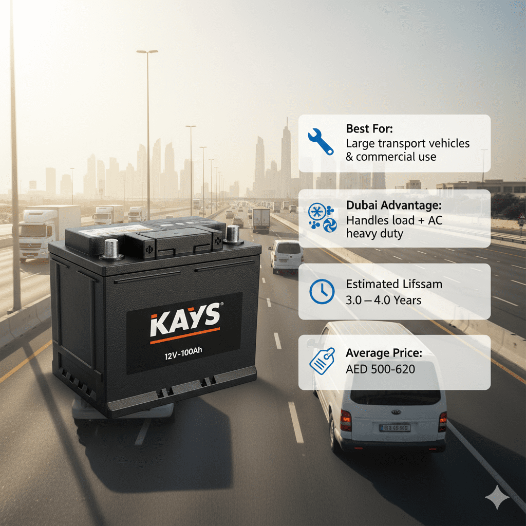 KAYS 12V–100Ah heavy-duty car battery shown with user guide highlights for heavy SUVs, vans, and commercial vehicles, focusing on strong load handling and reliable AC performance in Dubai heat, lifespan, and price range.