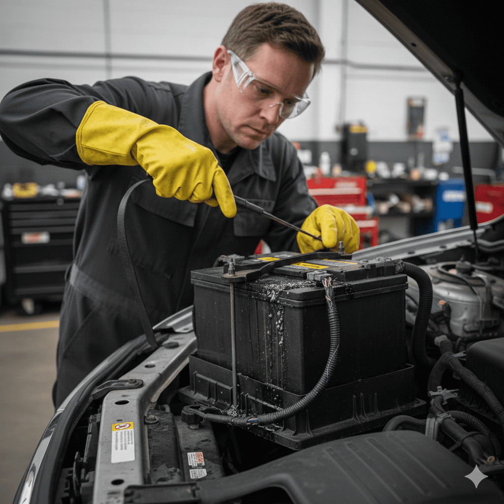 Mechanic protected from battery chemical exposure