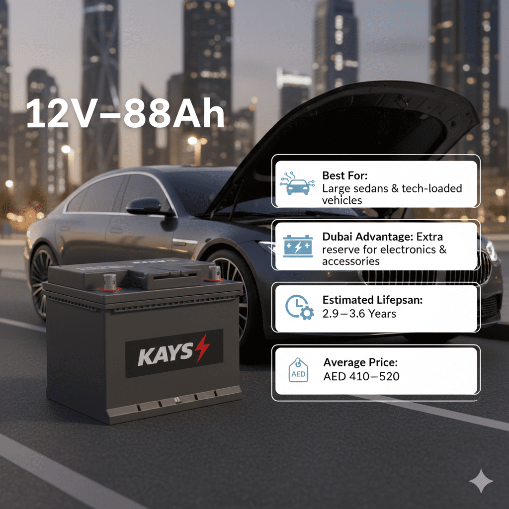 KAYS 12V–88Ah high-capacity car battery shown with user guide highlights for large sedans and tech-loaded vehicles, emphasizing extra reserve power for electronics in Dubai heat, lifespan, and price range.