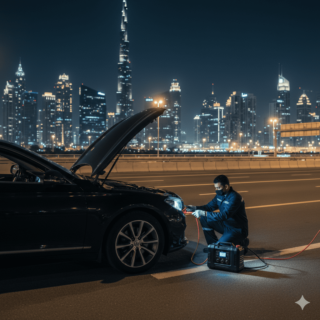 what to do when car battery dies jumpstart Dubai at night