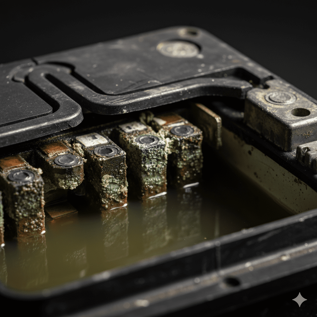 Low battery electrolyte exposing plates