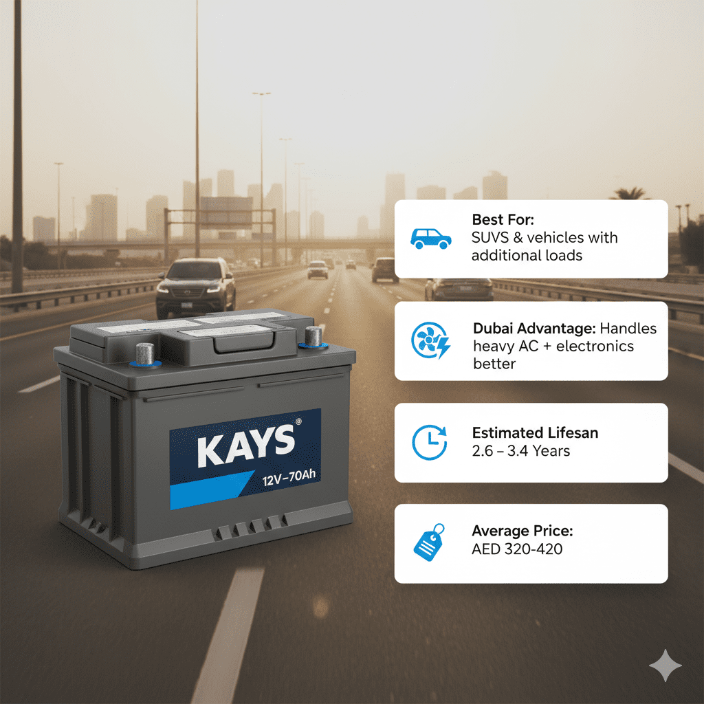 KAYS 12V–70Ah heavy-duty car battery shown with user guide highlights for SUVs and mid-size vehicles, emphasizing strong performance for heavy AC and electronics in Dubai heat, lifespan, and price range.