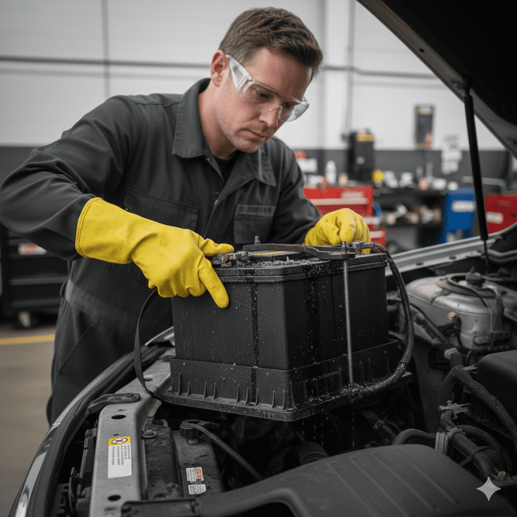 Safe handling of a corroded car battery by a professional