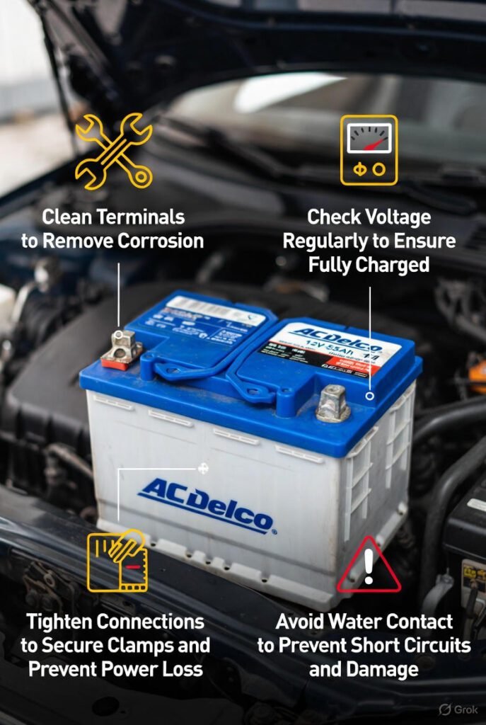 AC Delco 12V-55Ah battery with visual maintenance tips, showing cleaning, checking voltage, and safe installation in a car engine bay