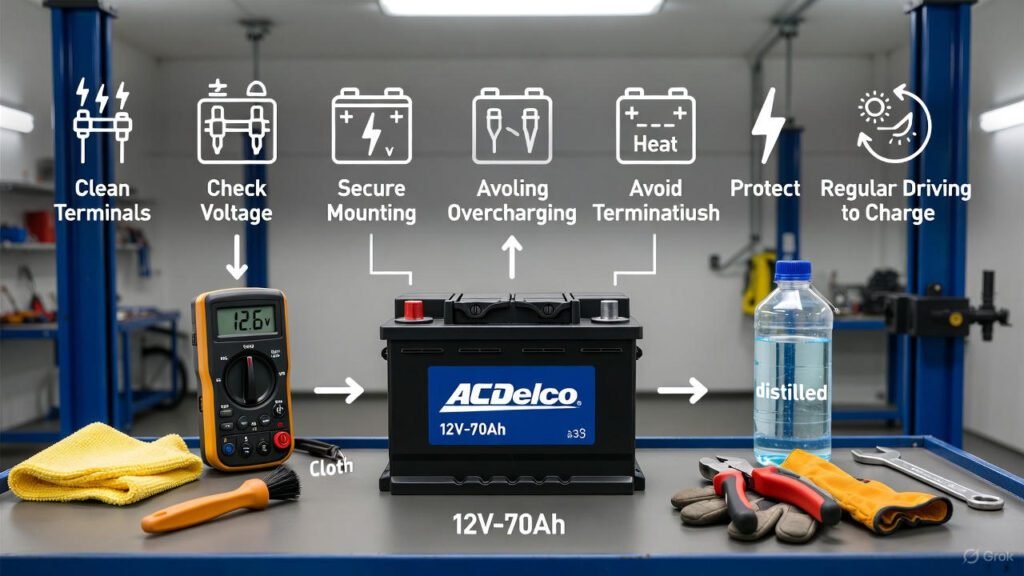 “AC Delco 12V-70Ah battery maintenance guide showing voltage check, terminal cleaning, secure mounting, heat protection, and smart charging.”