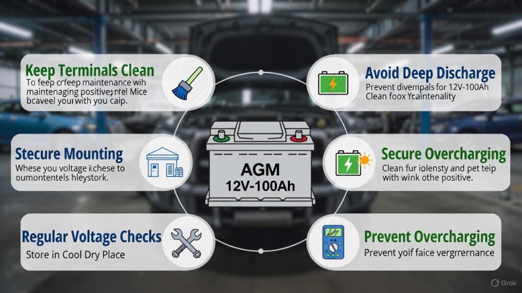Maintenance Tips for AGM 12V-100Ah Battery โ Extend Battery Life & Performance Visual guide showing essential maintenance tips for AGM 12V-100Ah battery with icons and labels.