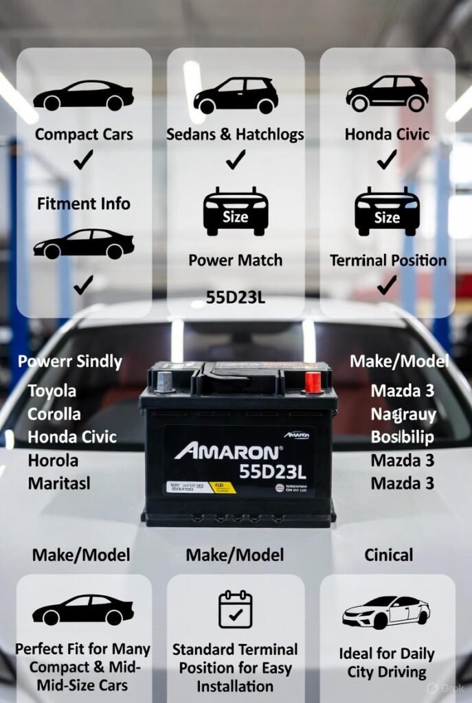 Vehicle Compatibility of Amaron 55D23L – Suitable Car Models & Fitment Guide 2026 Infographic showing vehicle compatibility of the Amaron 55D23L battery with common car makes and models, highlighting fitment, size match, and power requirements
