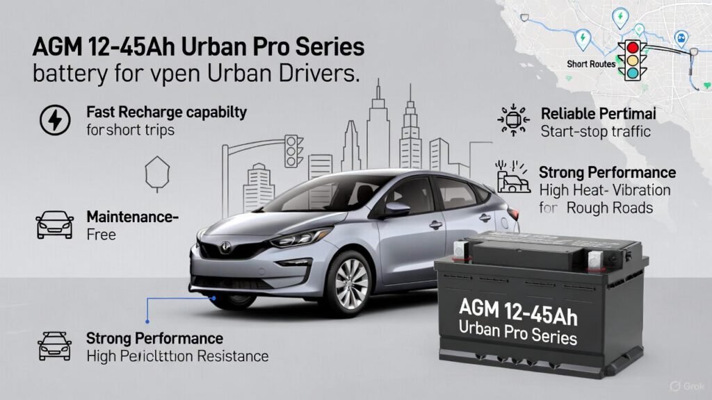 AGM 12-45Ah Urban Pro Series visual guide showing advantages for city drivers.