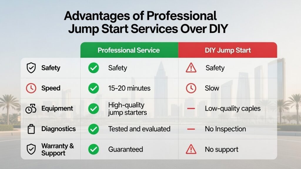 Infographic comparing professional jump start services versus DIY, showing advantages in safety, speed, equipment, diagnostics, and warranty/support.