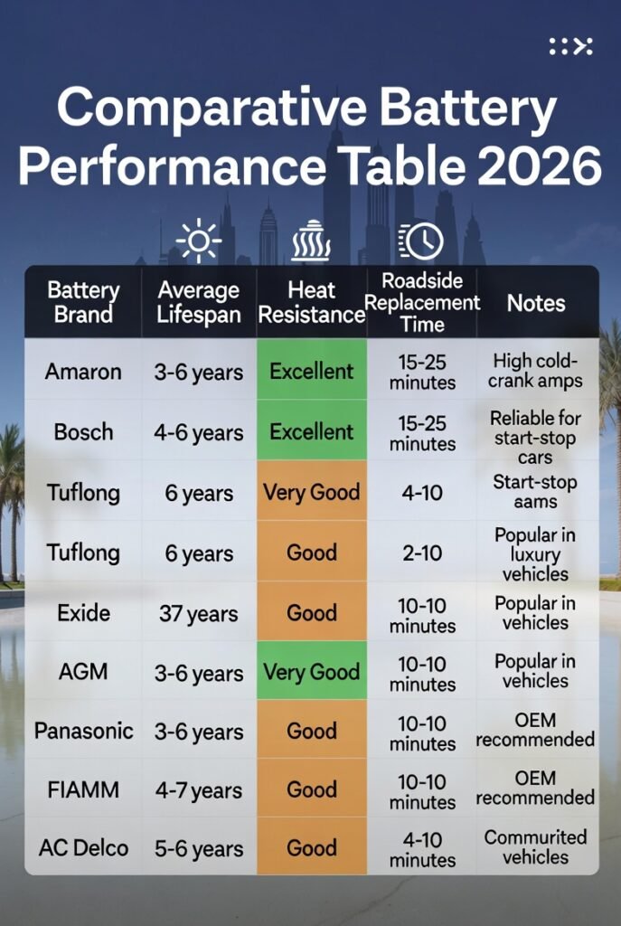 Infographic comparing top car battery brands in 2026, showing average lifespan, heat resistance, roadside replacement time, and notes for each battery in Dubai.