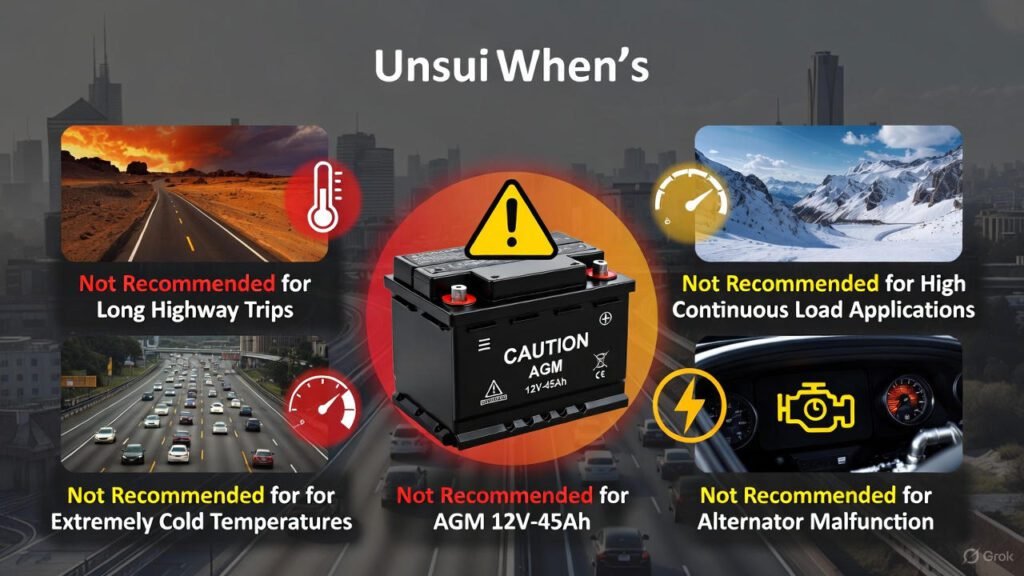 Visual guide showing situations where AGM 12V-45Ah battery is not recommended for use.