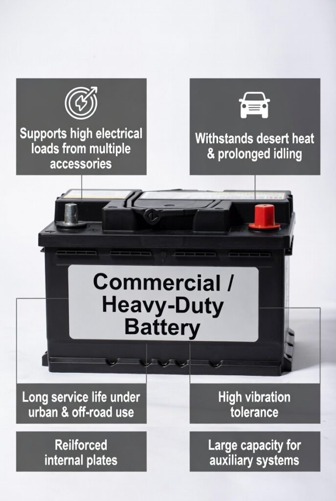 The Commercial / Heavy-Duty Battery is engineered for vehicles that operate under continuous load, extreme temperatures, and demanding usage cycles. Designed for trucks, large SUVs, delivery fleets, and commercial vehicles, these batteries deliver reliable power under the toughest conditions.
