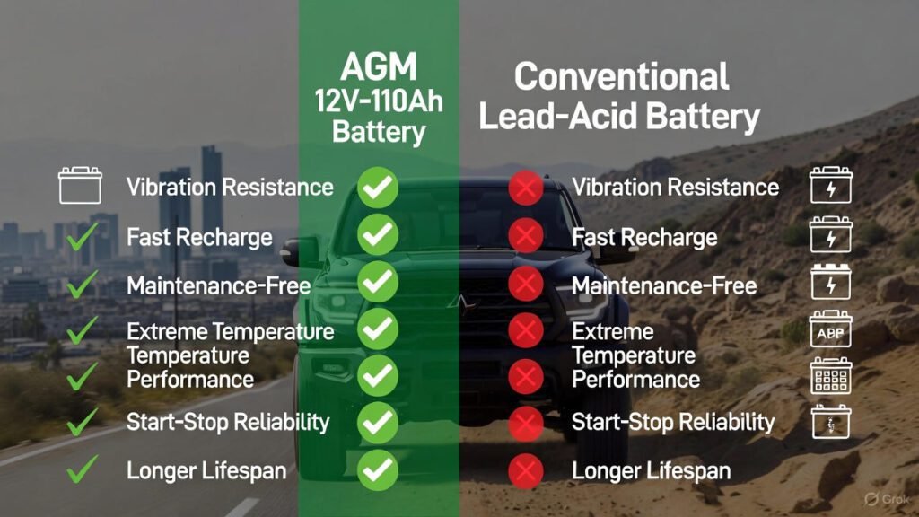 Visual comparison of AGM 12V-110Ah battery versus conventional lead-acid batteries highlighting performance, durability, and reliability.