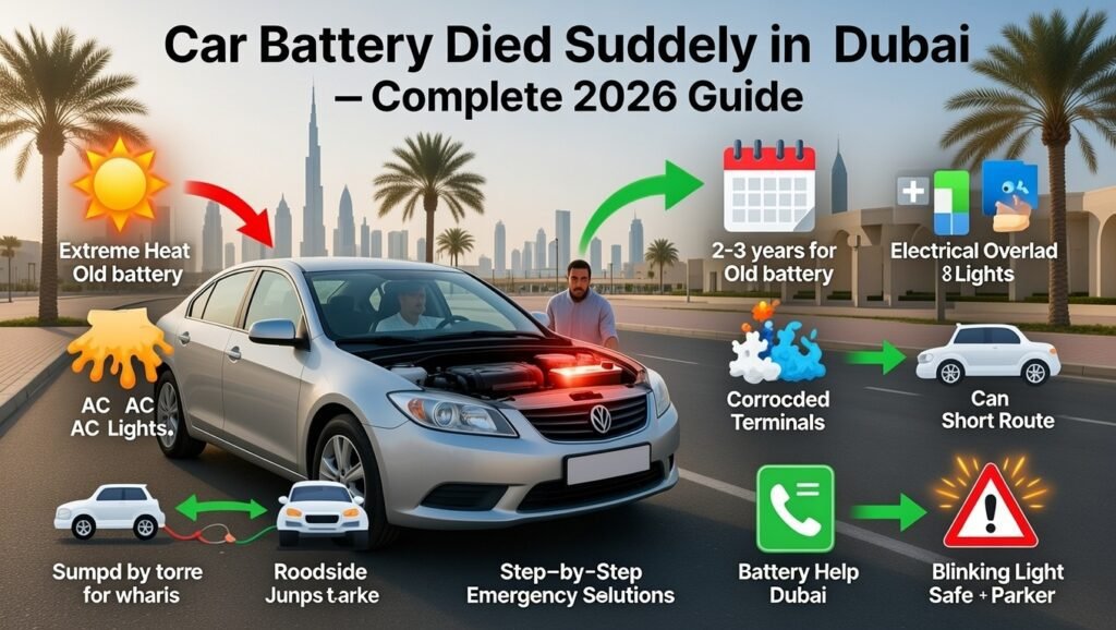 Infographic showing causes and emergency solutions for a car battery dying suddenly in Dubai, including heat, old battery, electrical load, corrosion, jump-start, and roadside assistance.