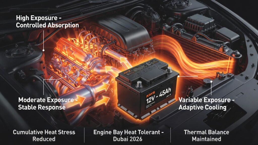 thermal interaction of Kays 12V 45Ah battery with engine compartment components in Dubai heat
