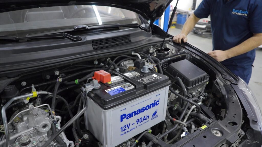 “Panasonic 12V – 90Ah battery installed in Dubai SUV by EuroSwift Auto Services”