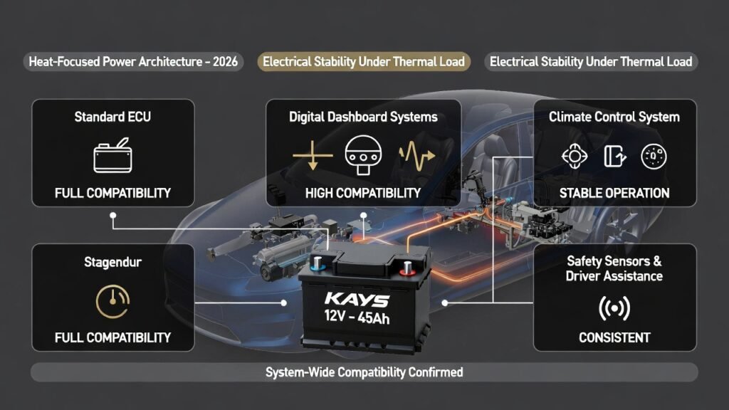 Kays 12V 45Ah battery system compatibility with ECU dashboard climate control and safety sensors in Dubai heat
