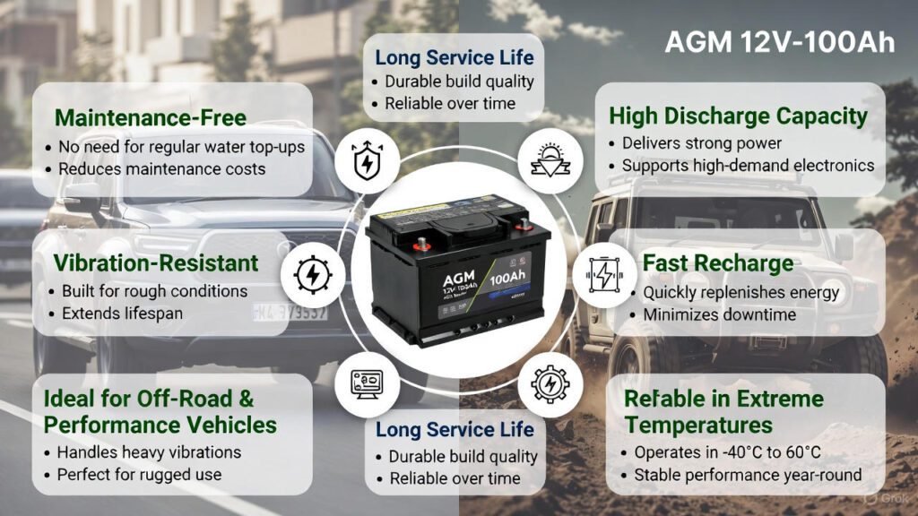 Benefits of Using AGM 12V-100Ah Battery โ Reliability & Performance Visual Guide Visual guide showing key benefits of using AGM 12V-100Ah battery with icons and labels.
