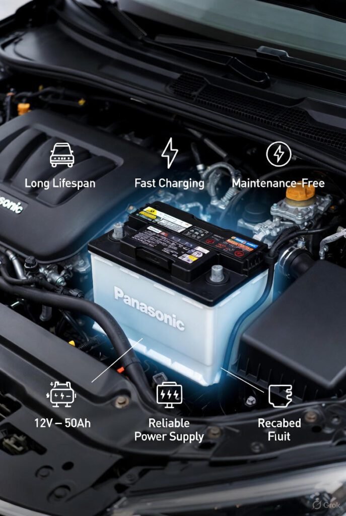 Panasonic 12V – 50Ah car battery showcasing durability, efficiency, and maintenance-free performance.
