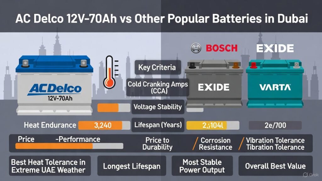 Infographic comparing AC Delco 12V-70Ah car battery with other popular batteries in Dubai, showing differences in heat resistance, lifespan, power output, and value