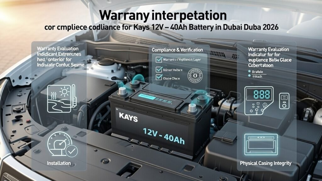 Kays 12V – 40Ah battery warranty interpretation in Dubai heat conditions with voltage testing and installation compliance