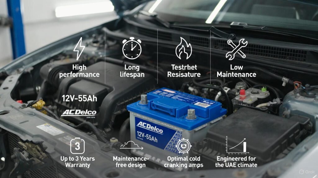 AC Delco 12V-55Ah car battery showing high performance, long lifespan, and maintenance-free design installed in a modern car engine bay
