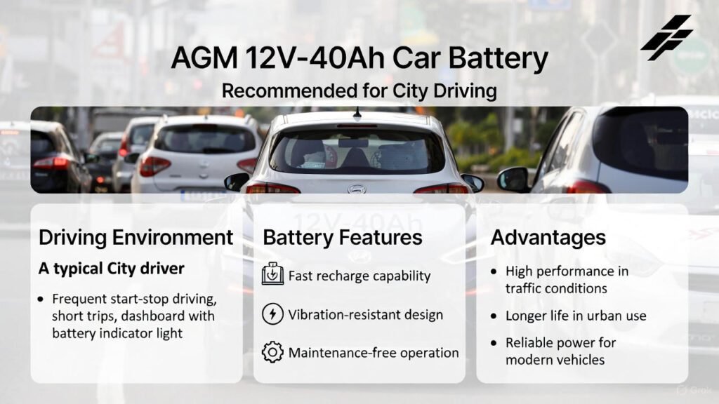 AGM 12V-40Ah battery visual guide showing benefits for city driving and start-stop traffic.
