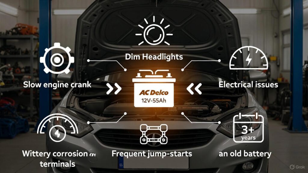 “Car showing signs that it needs an AC Delco 12V-55Ah battery replacement, with icons for weak start, dim lights, corrosion, and electrical issues.”